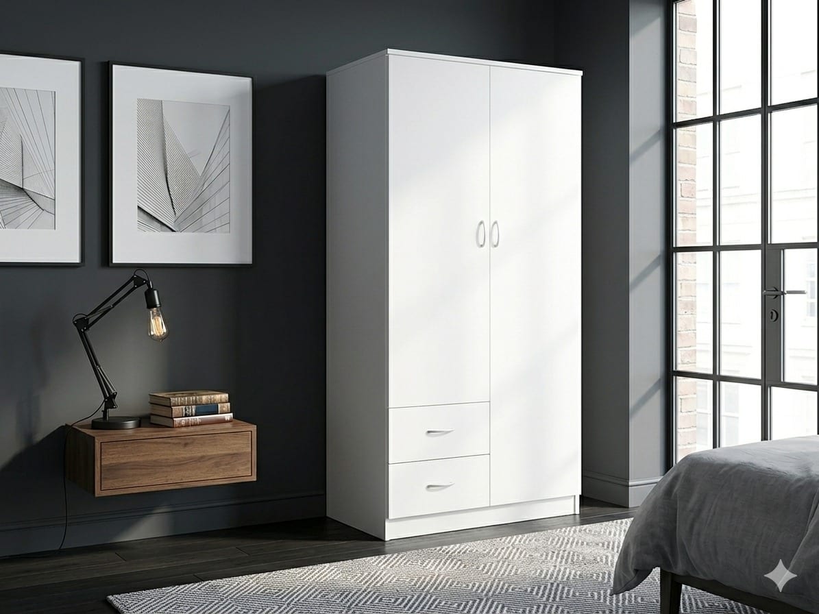 White Premium 2 Door Mirrored Wardrobe with soft-close drawers in Hexham